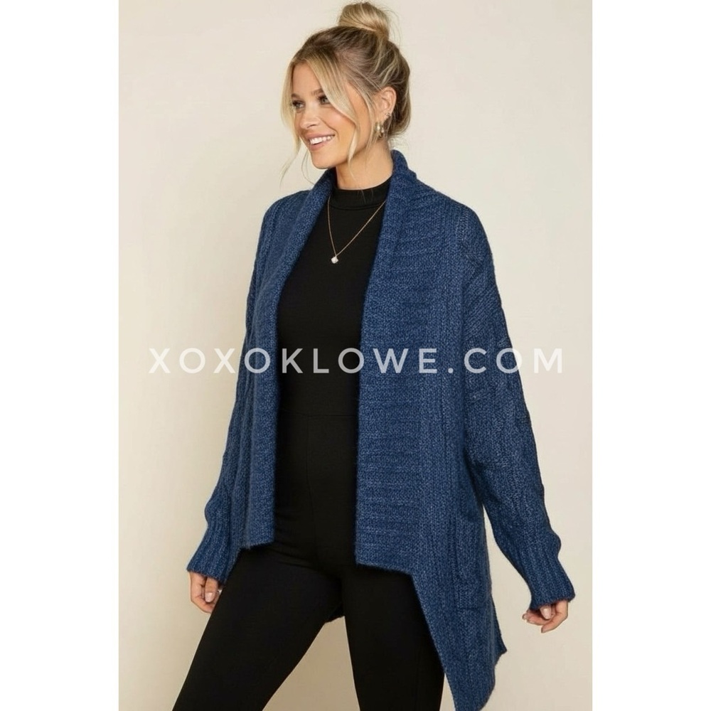 POL Ocean Blue Open Front Cable Knit Cardigan | Relaxed Fit - Picture 4 of 9